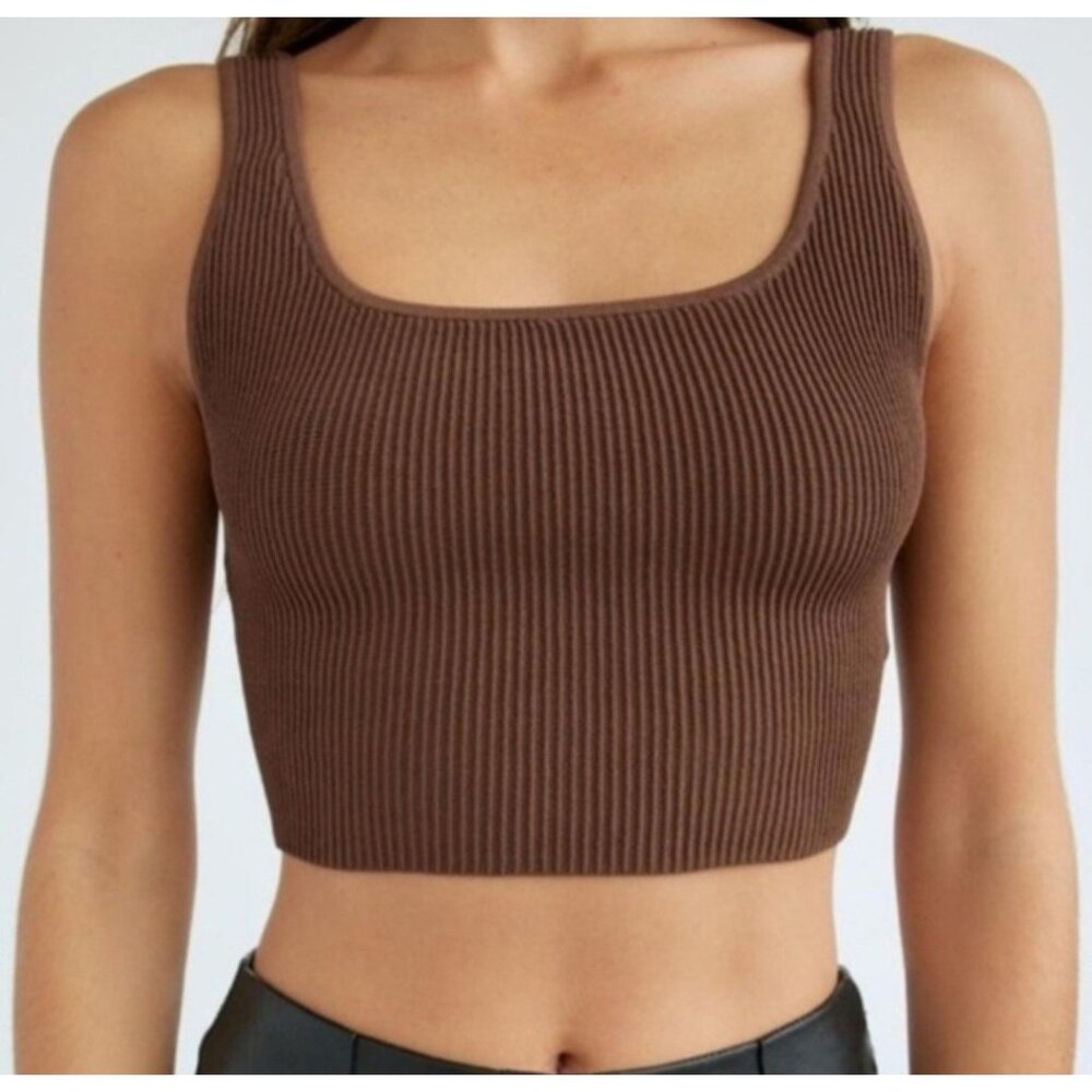 Aritzia‎ Babaton Ribbed Knit Tank Women's XS Brown Cropped Stretch Designer